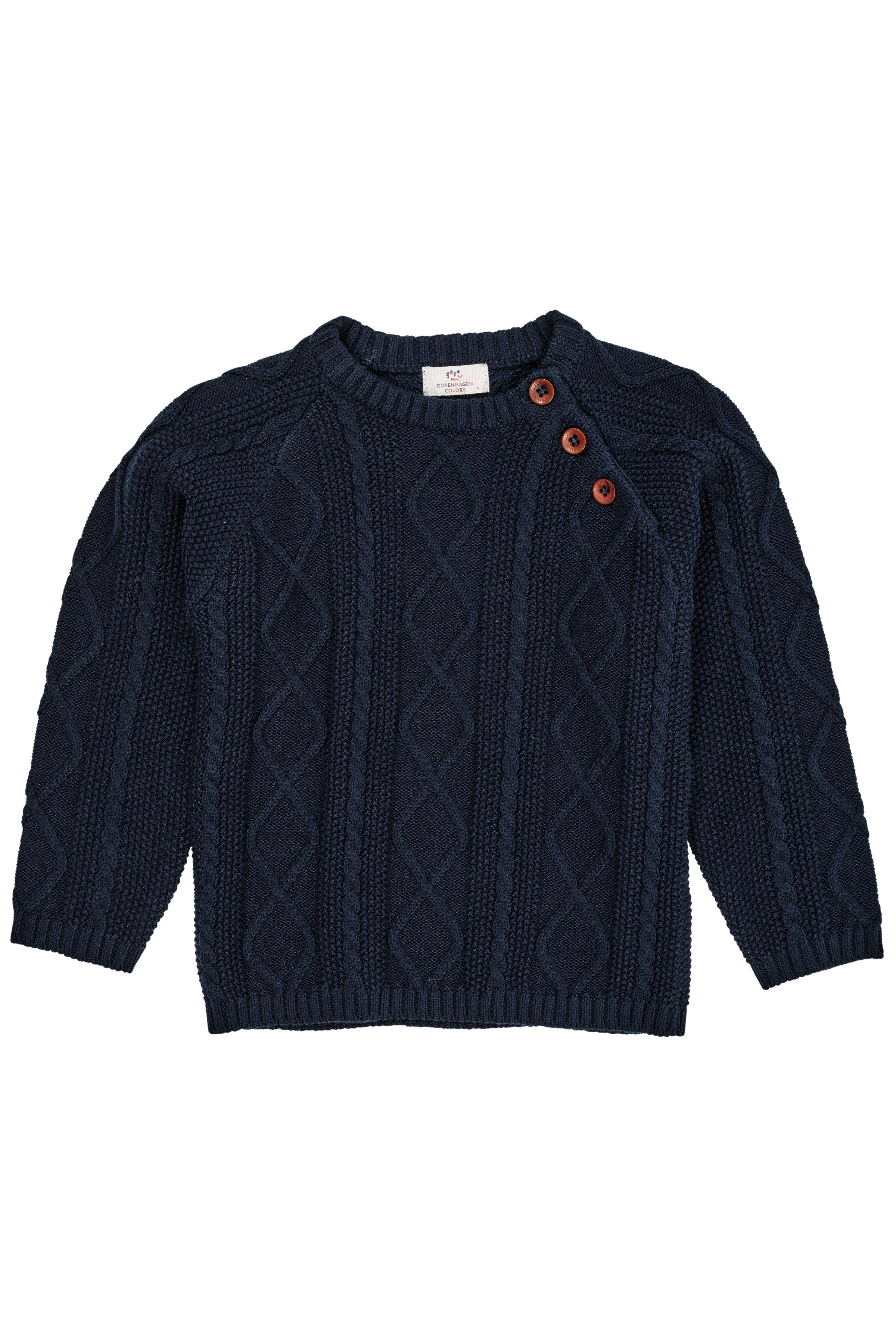 COPENHAGEN COLORS / KABELSTRIKKET BLUSE M. KNAPLUKNING - NAVY