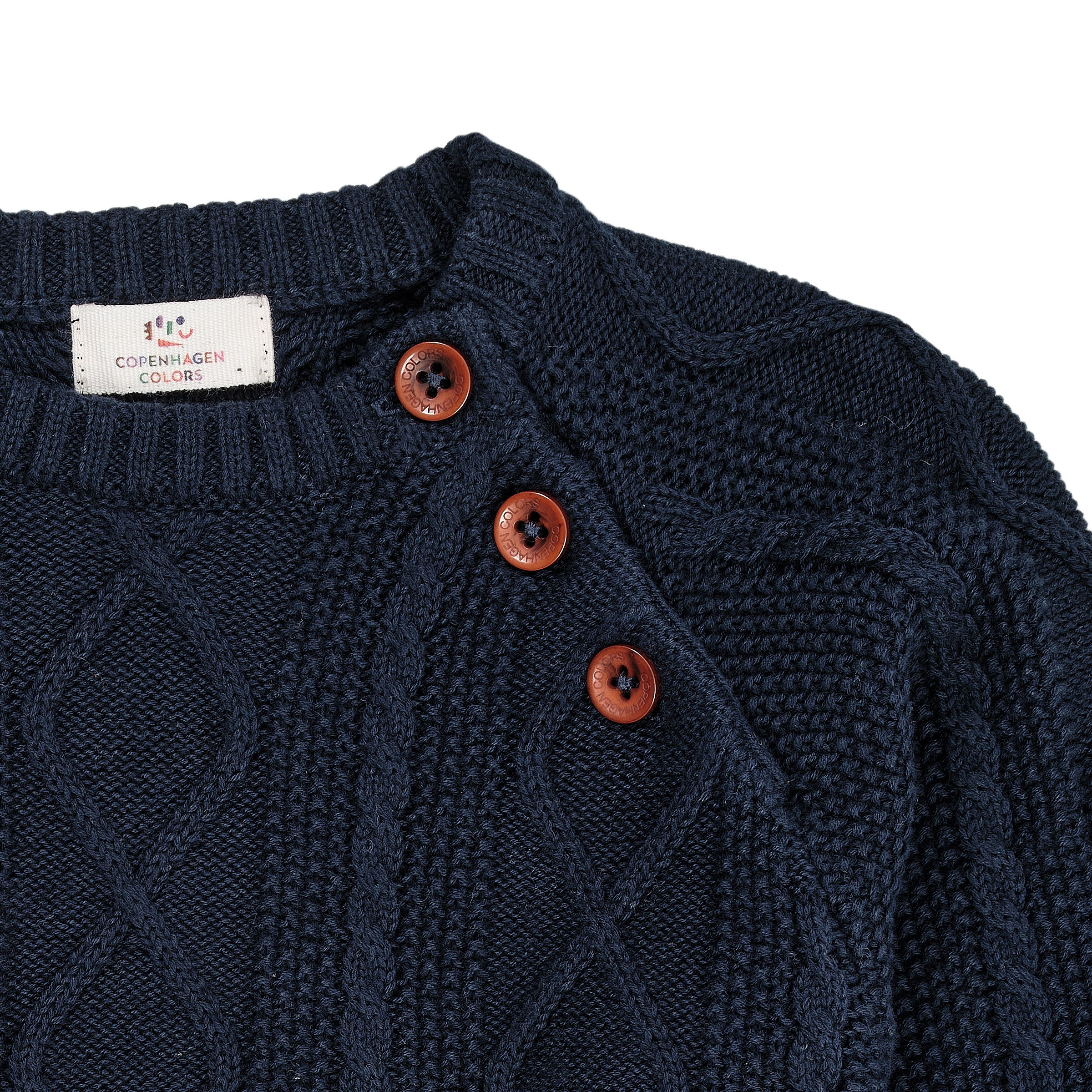 COPENHAGEN COLORS / KABELSTRIKKET BLUSE M. KNAPLUKNING - NAVY