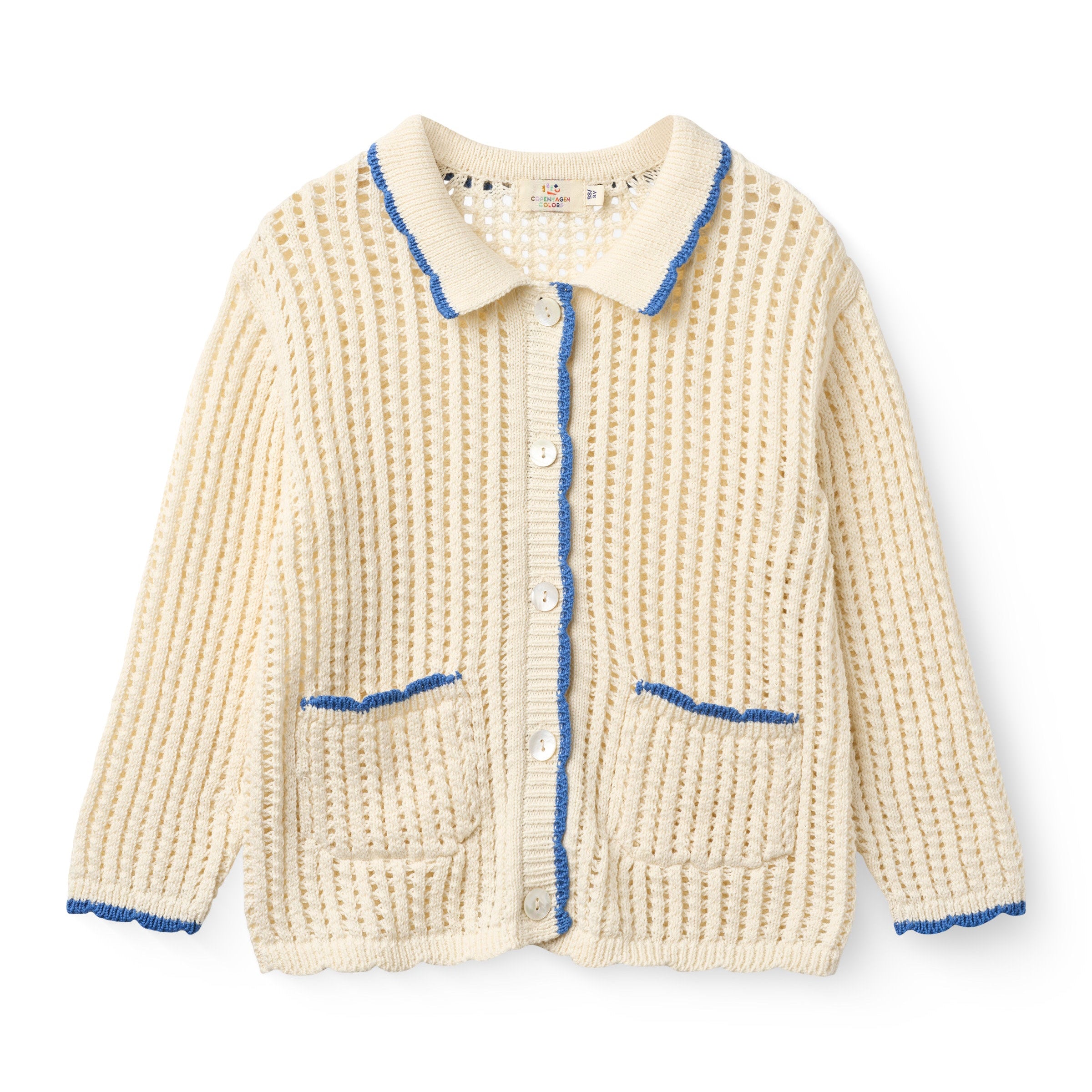 COPENHAGEN COLORS / CROCHET LS CARDIGAN - CREAM W OCEAN BLUE - Mini Monde Copenhagen