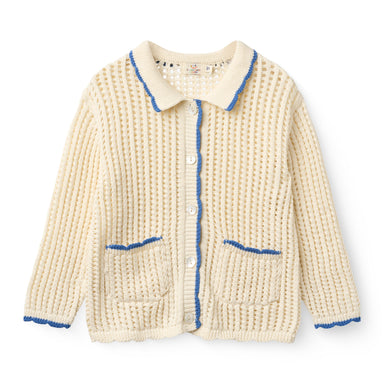 COPENHAGEN COLORS / CROCHET LS CARDIGAN - CREAM W OCEAN BLUE - Mini Monde Copenhagen