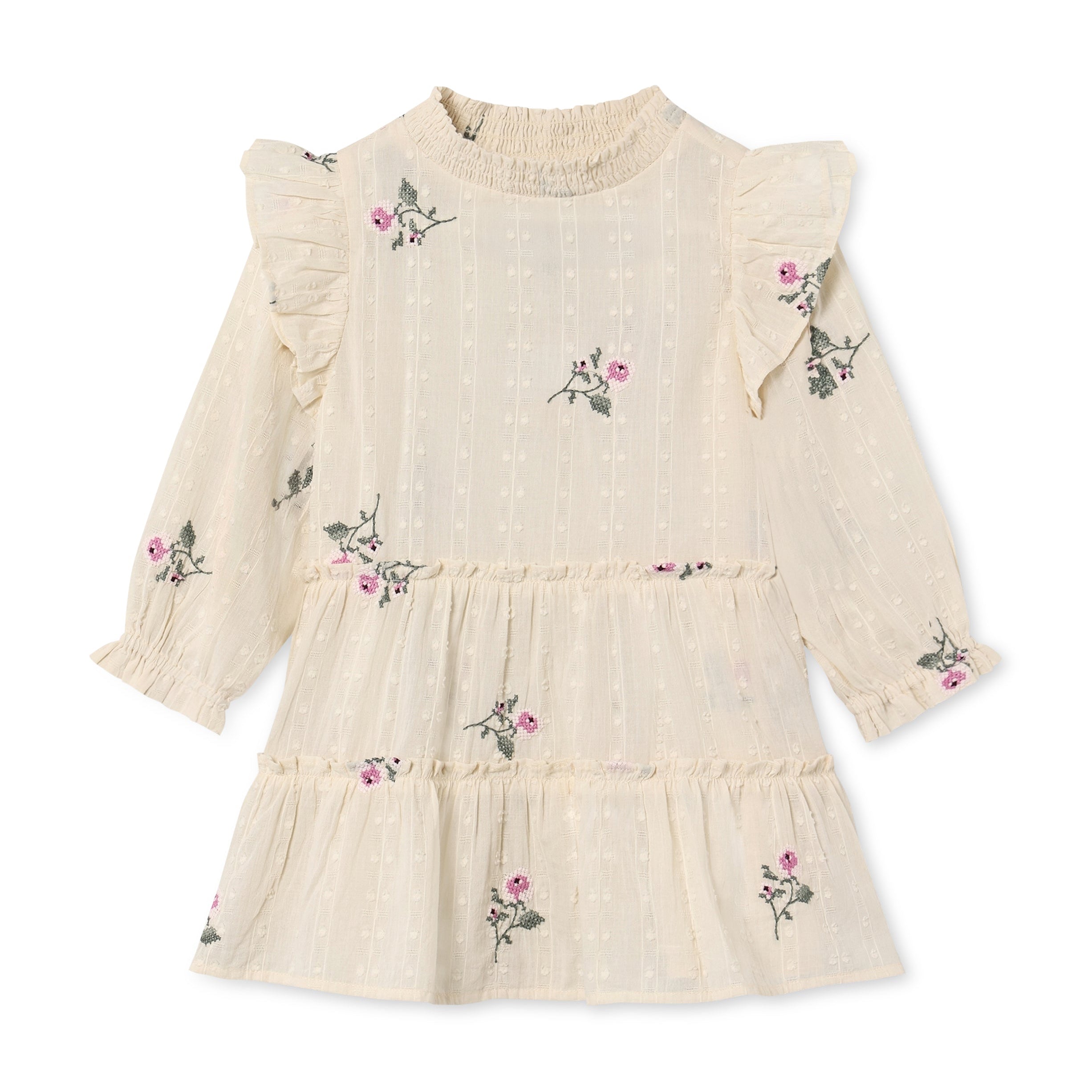 FLIINK / DOBBY LS KJOLE MED ROSE BRODERI  – SANDSHELL