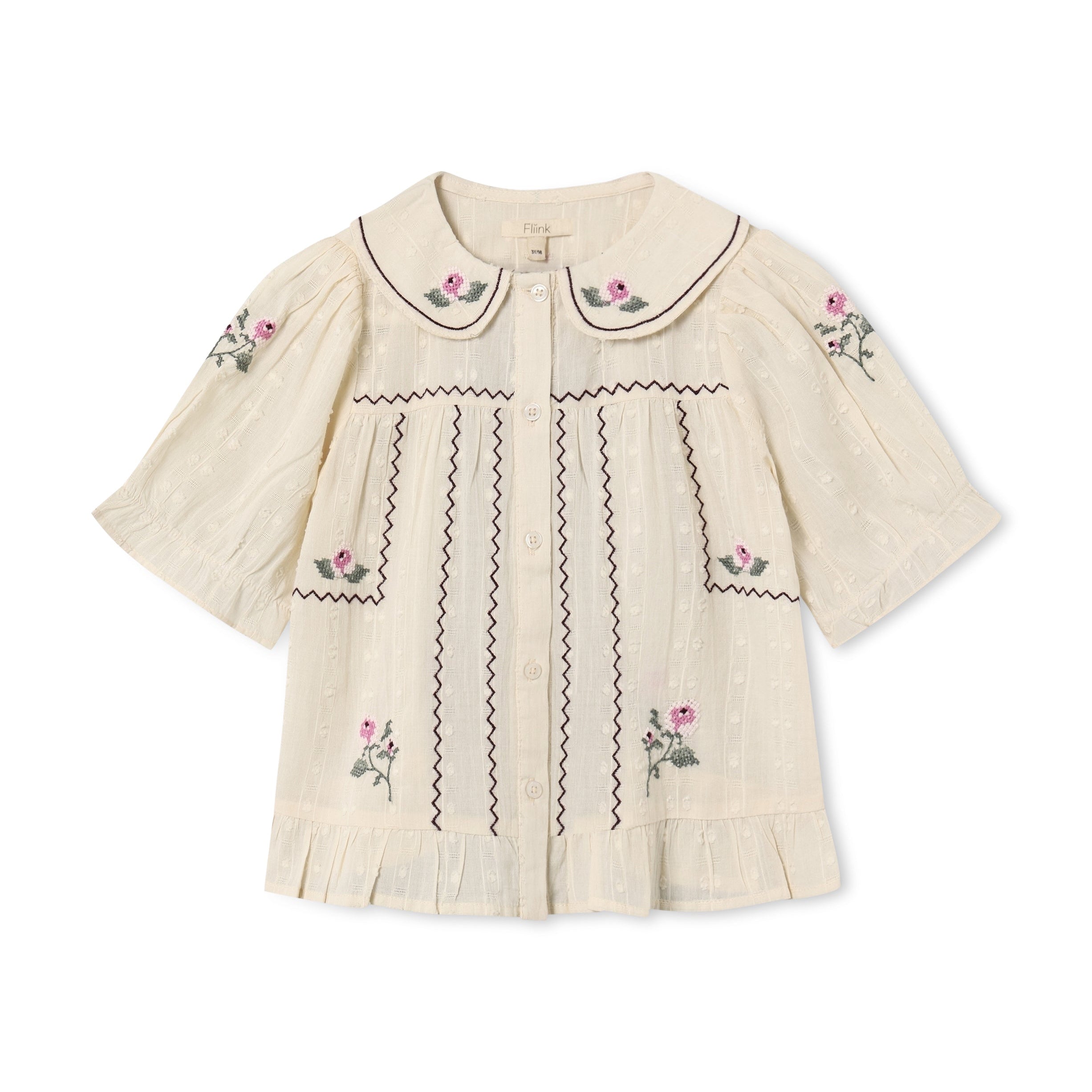 FLIINK / DOBBY SS BLUSE MED ROSE BRODERI – SANDSHELL