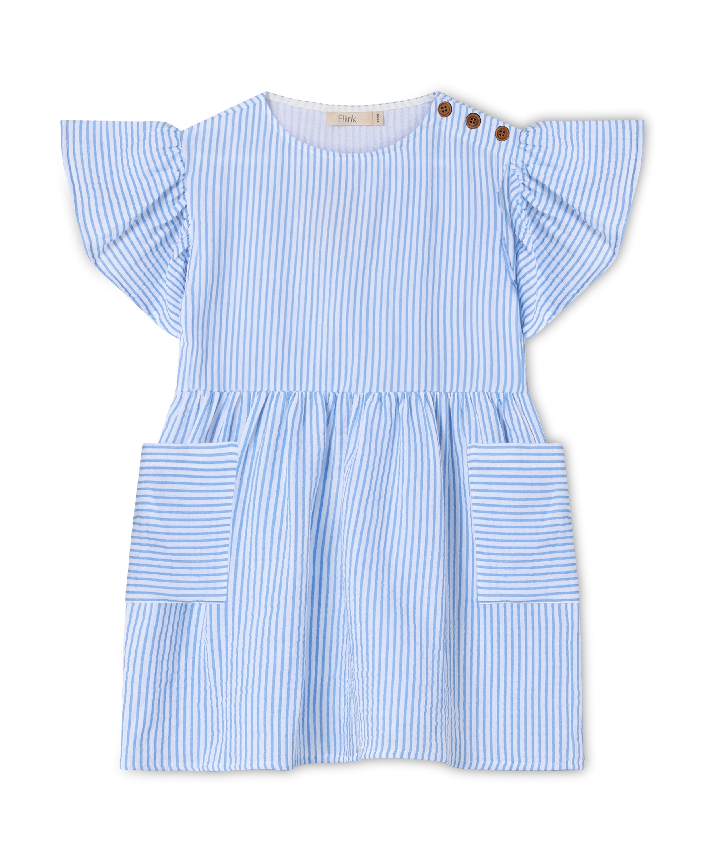 FLIINK CHA CHA SS Dress i Marina Striped, kortærmet børne-sommerkjole med flæseærmer, taljesnit og sidelommer