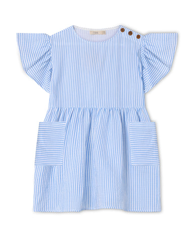 FLIINK CHA CHA SS Dress i Marina Striped, kortærmet børne-sommerkjole med flæseærmer, taljesnit og sidelommer