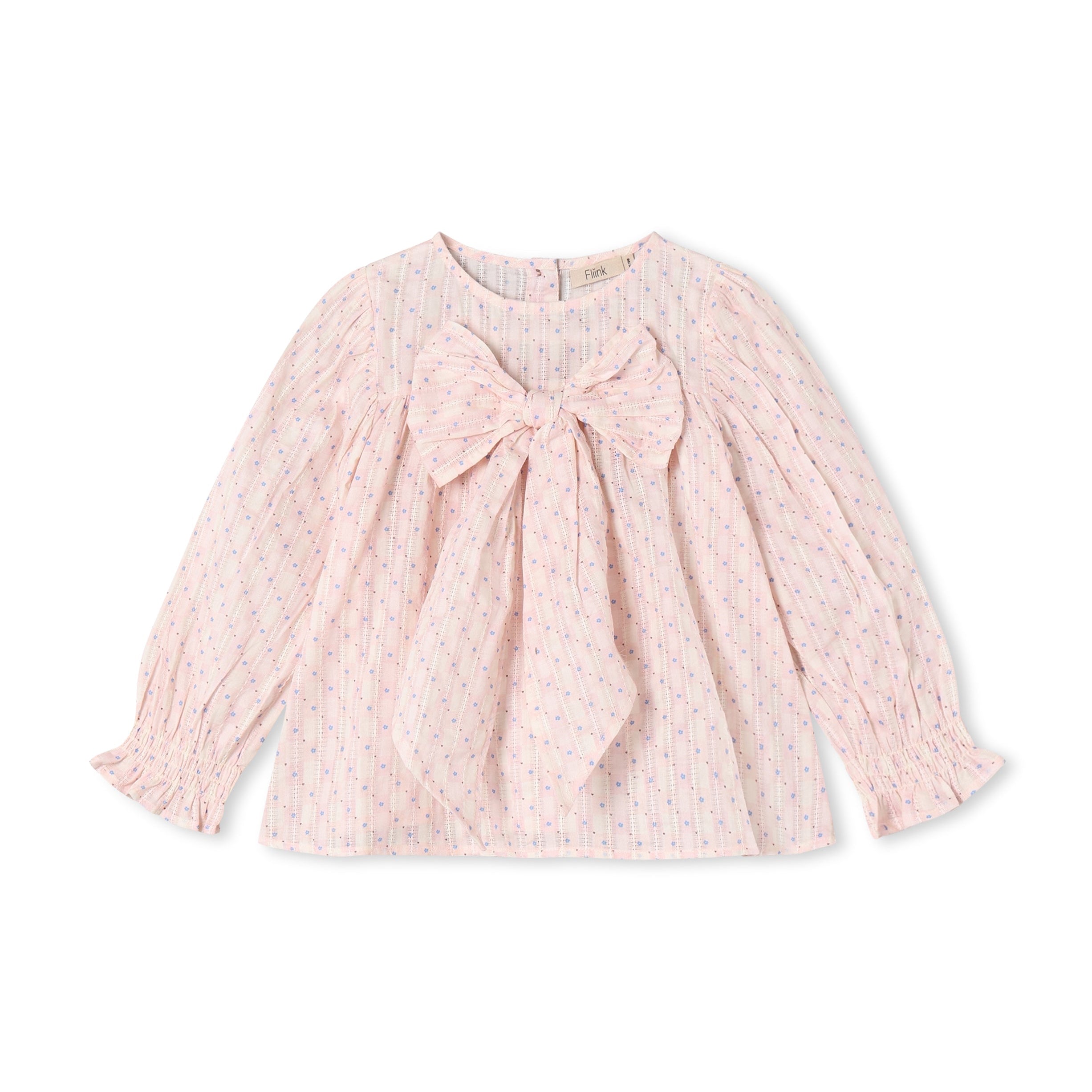 FLIINK ZORRO LS Bow Blouse i Chalk Pink Check AOP, langærmet børnebluse med puffede ærmer og sløjfedetalje