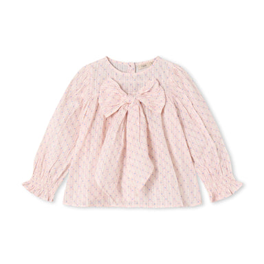 FLIINK ZORRO LS Bow Blouse i Chalk Pink Check AOP, langærmet børnebluse med puffede ærmer og sløjfedetalje