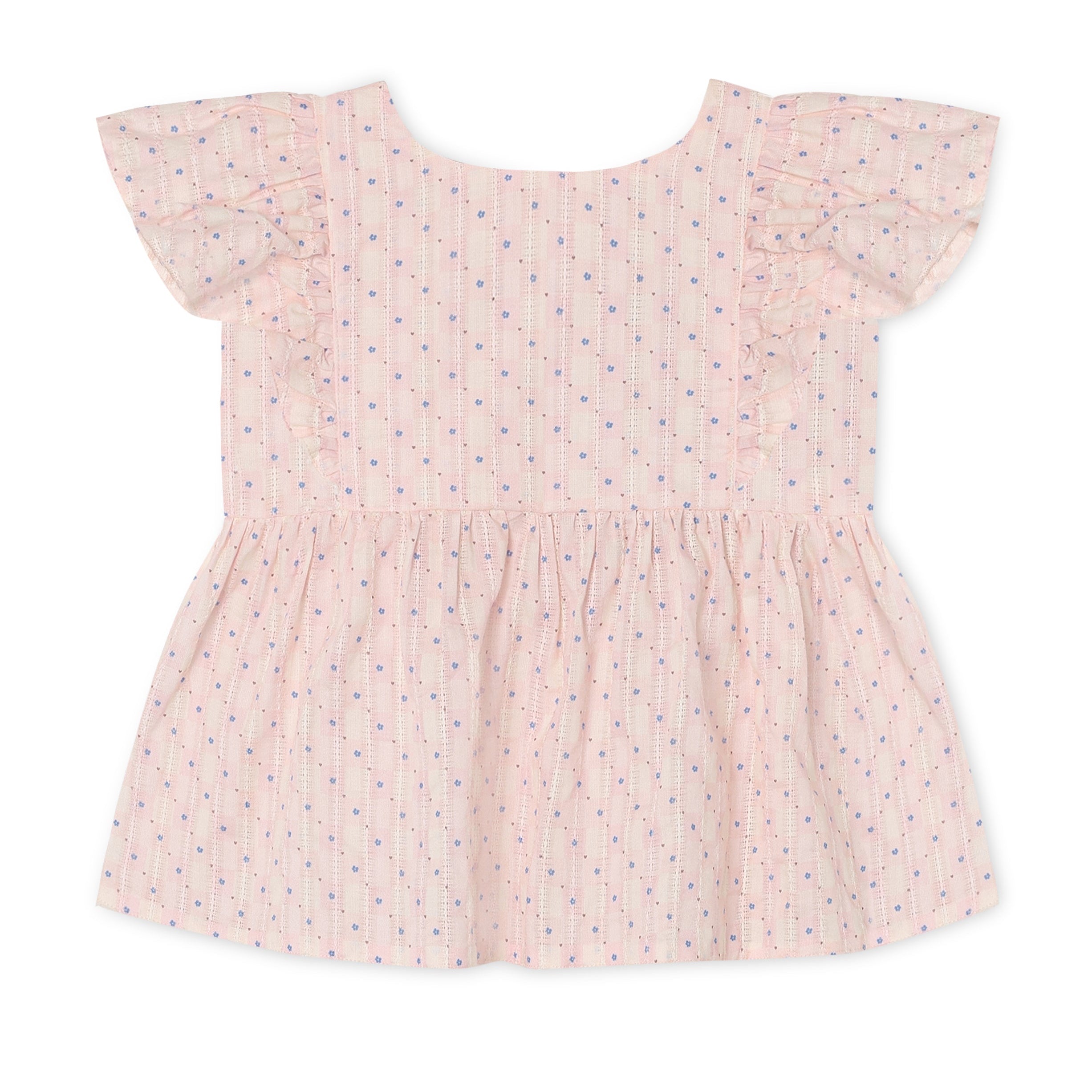 FLIINK ZORRO SL Top i Chalk Pink Check AOP, kortærmet børnetop med flæser ved skuldrene og rynket talje