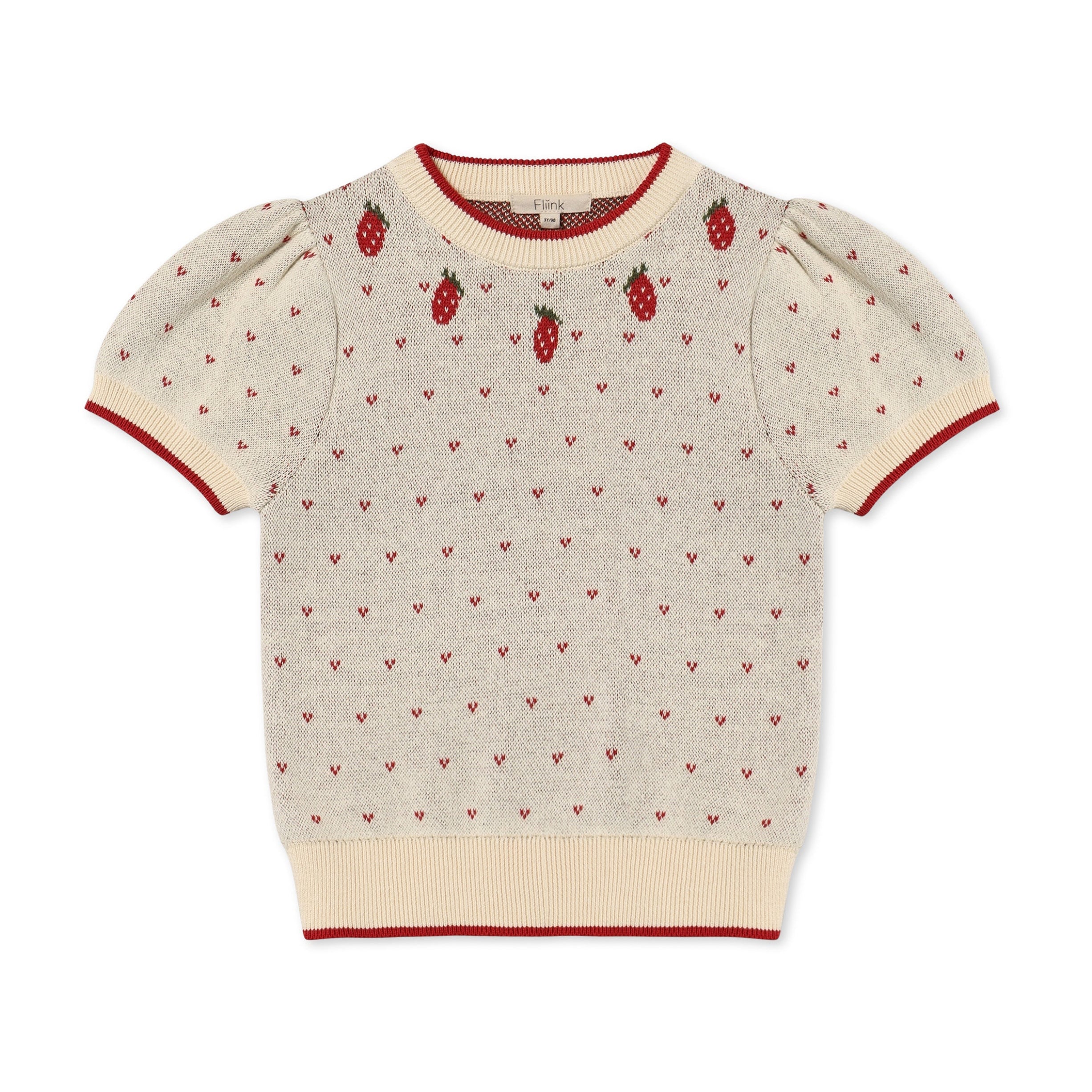 Fliink BOLETTE SS Blouse – SANDSHELL, kortærmet strikbluse med jacquard-hjerter og jordbær.