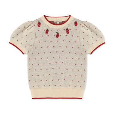 Fliink BOLETTE SS Blouse – SANDSHELL, kortærmet strikbluse med jacquard-hjerter og jordbær.