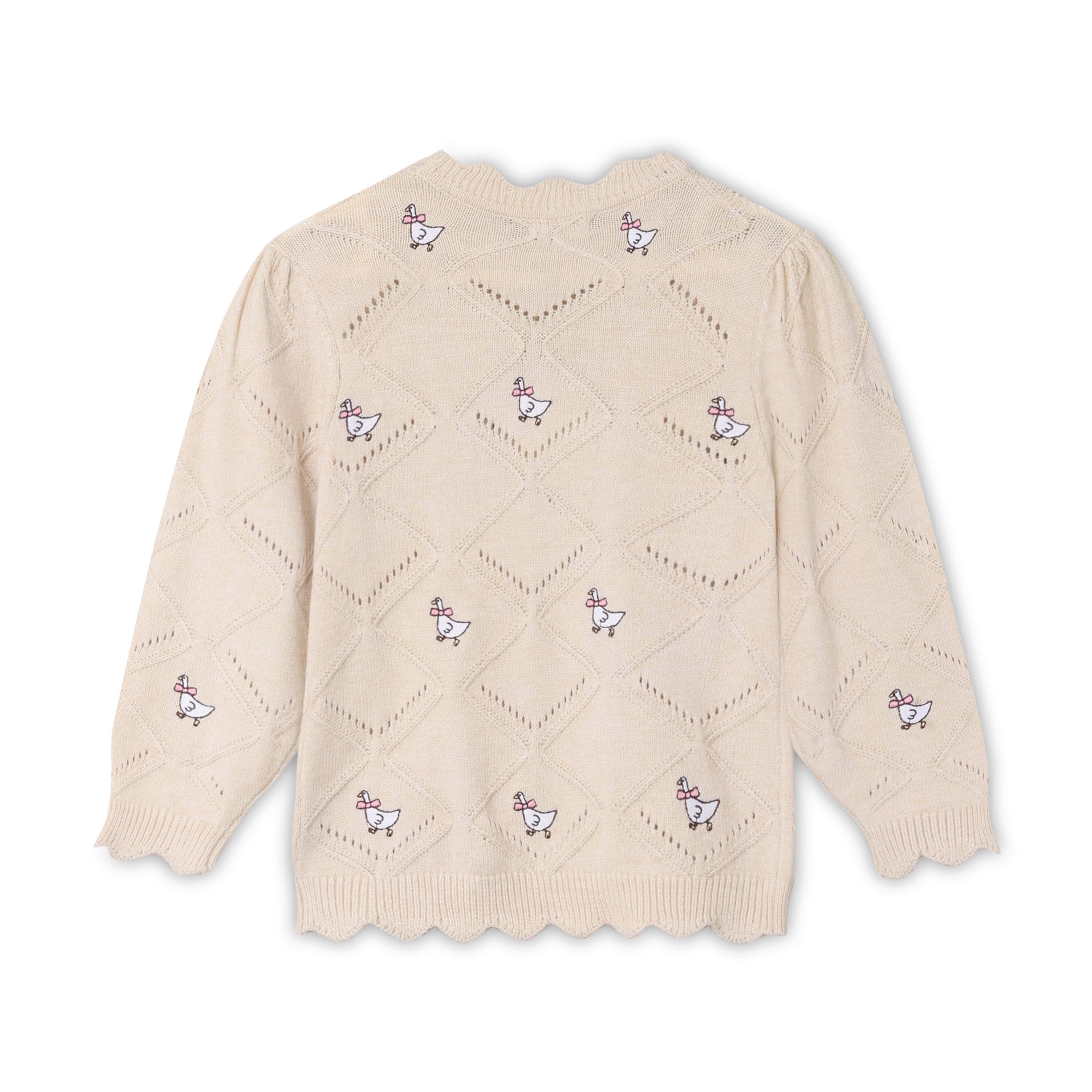 FLIINK / ALON STRIKBLUSE MED HARLEKINMØNSTER OG BRODEREDE GÆS - SANDSHELL