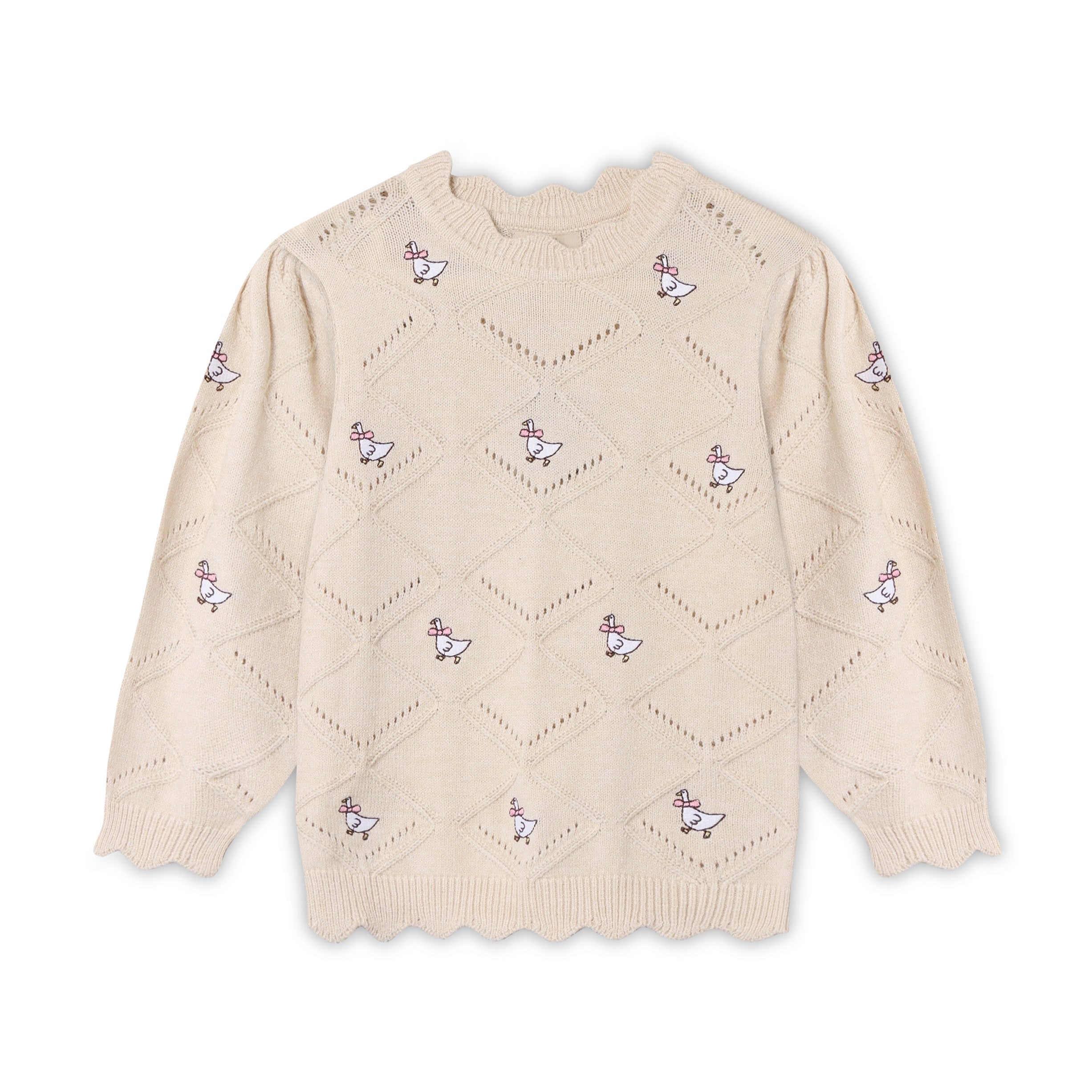 FLIINK / ALON STRIKBLUSE MED HARLEKINMØNSTER OG BRODEREDE GÆS - SANDSHELL