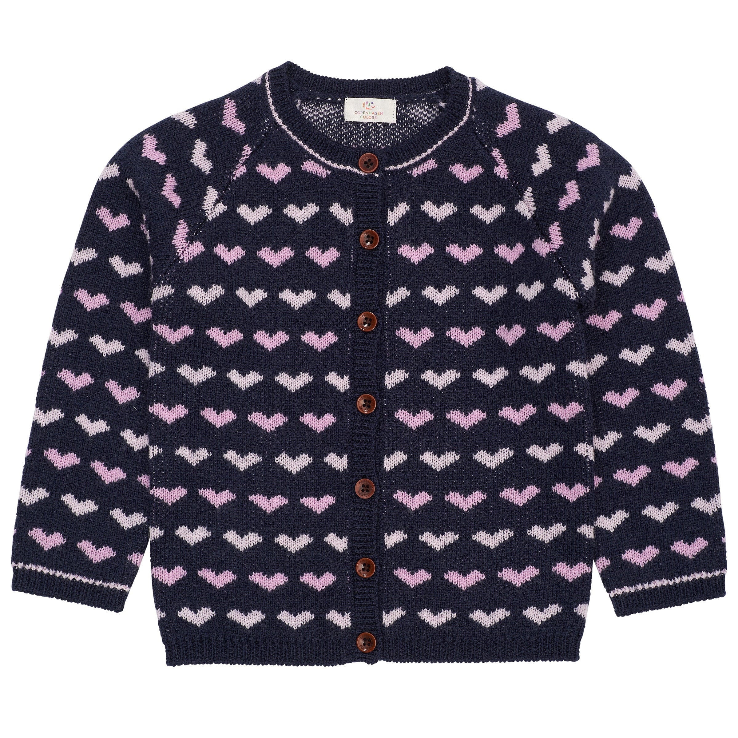 COPENHAGEN COLORS / MERINO HJERTE CARDIGAN - NAVY/BUBBLEGUM