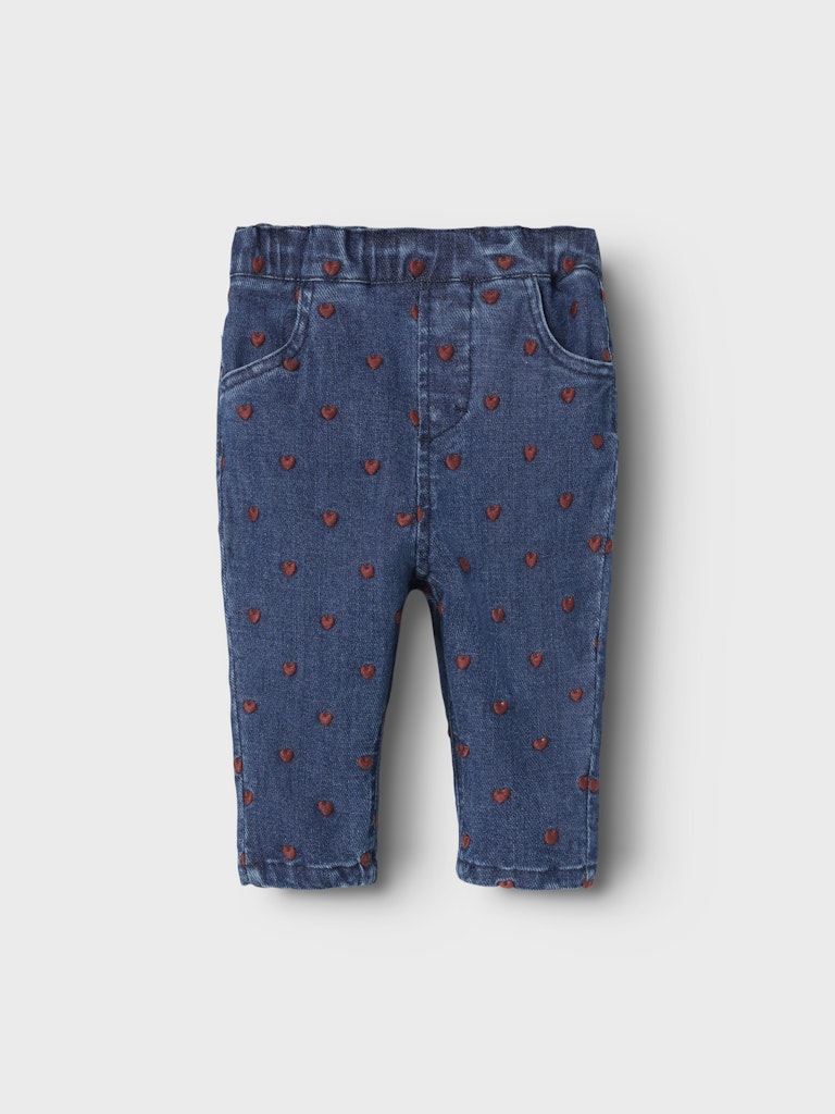 LIL' ATELIER / LIVA LØSE JEANS MED BRODEREDE HJERTER - DARK BLUE DENIM