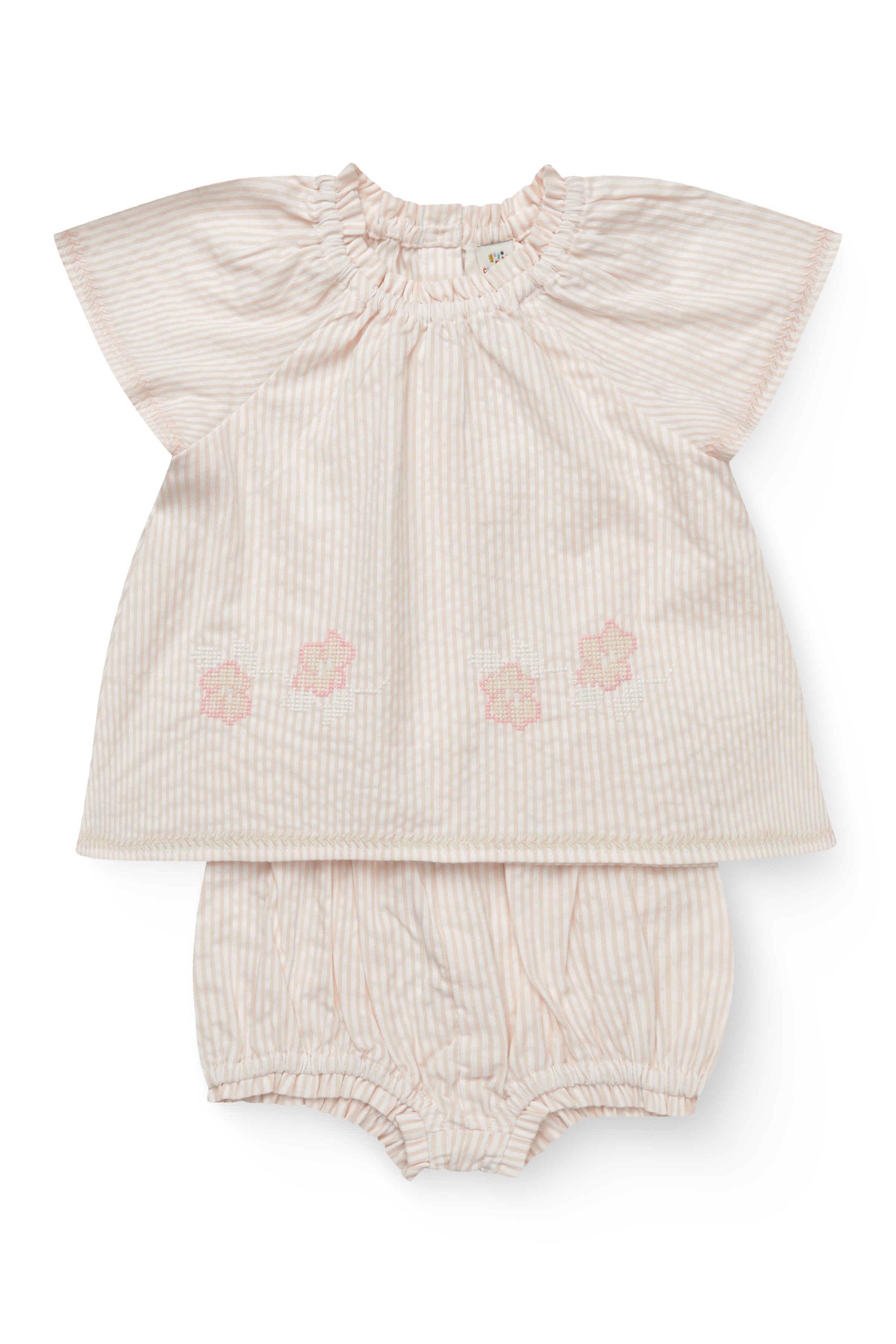 COPENHAGEN COLORS / SEERSUCKER BABYSÆT MED BRODERI - DUSTY ROSE W CREAM STRIPE