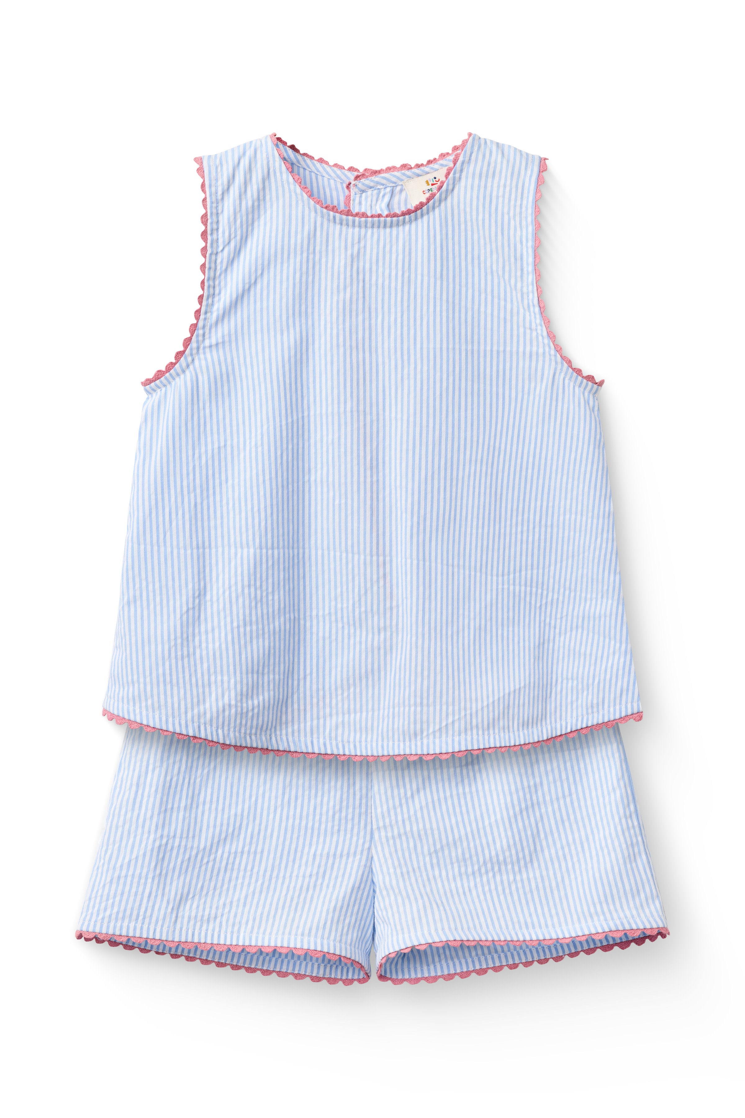 Copenhagen Colors seersucker sommersæt i økologisk bomuld med blå og hvide striber og rosa bølgekant til børn.