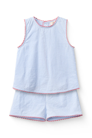 Copenhagen Colors seersucker sommersæt i økologisk bomuld med blå og hvide striber og rosa bølgekant til børn.