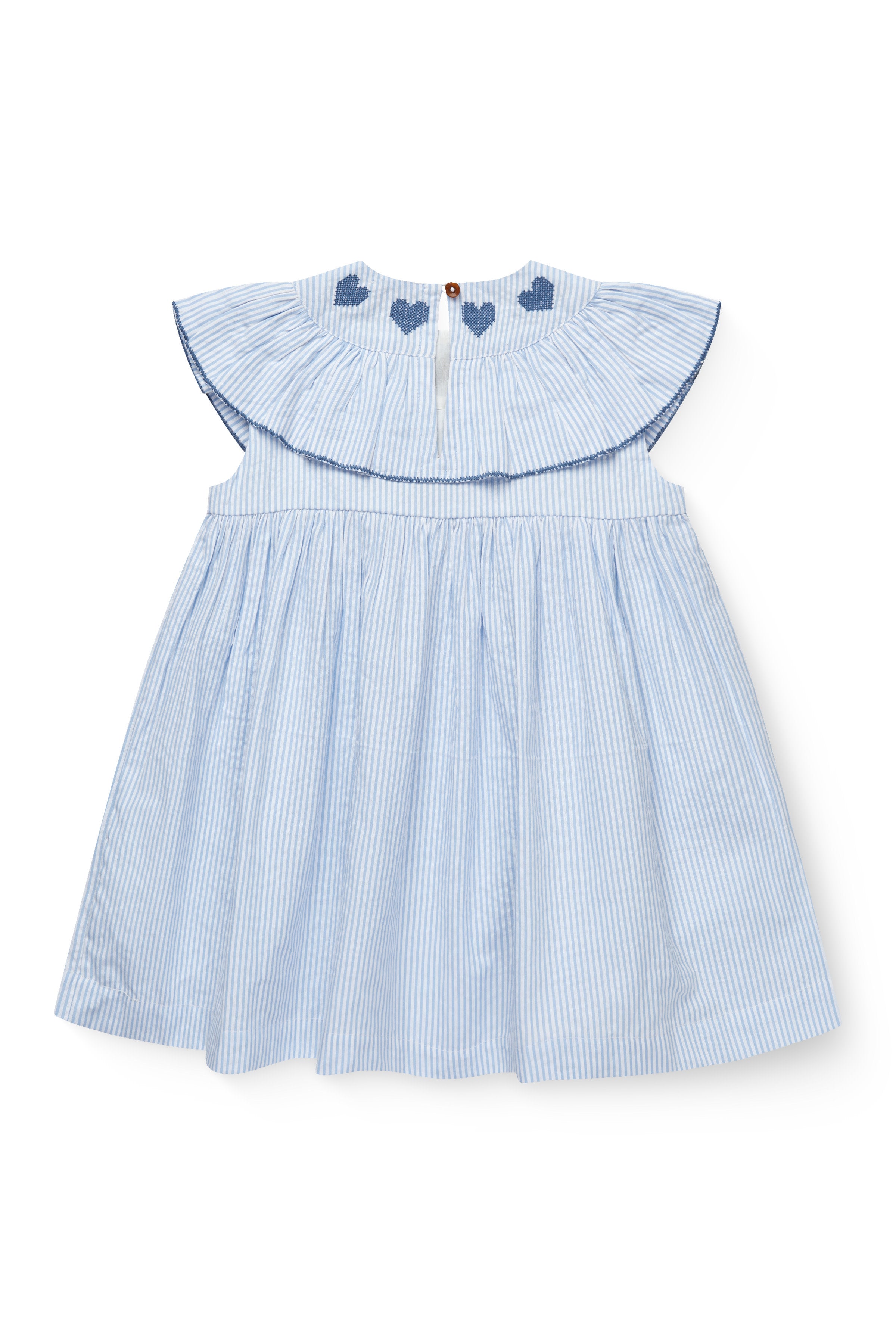 COPENHAGEN COLORS / SEERSUCKER KJOLE MED HJERTER - SKY BLUE W CREAM STRIPE