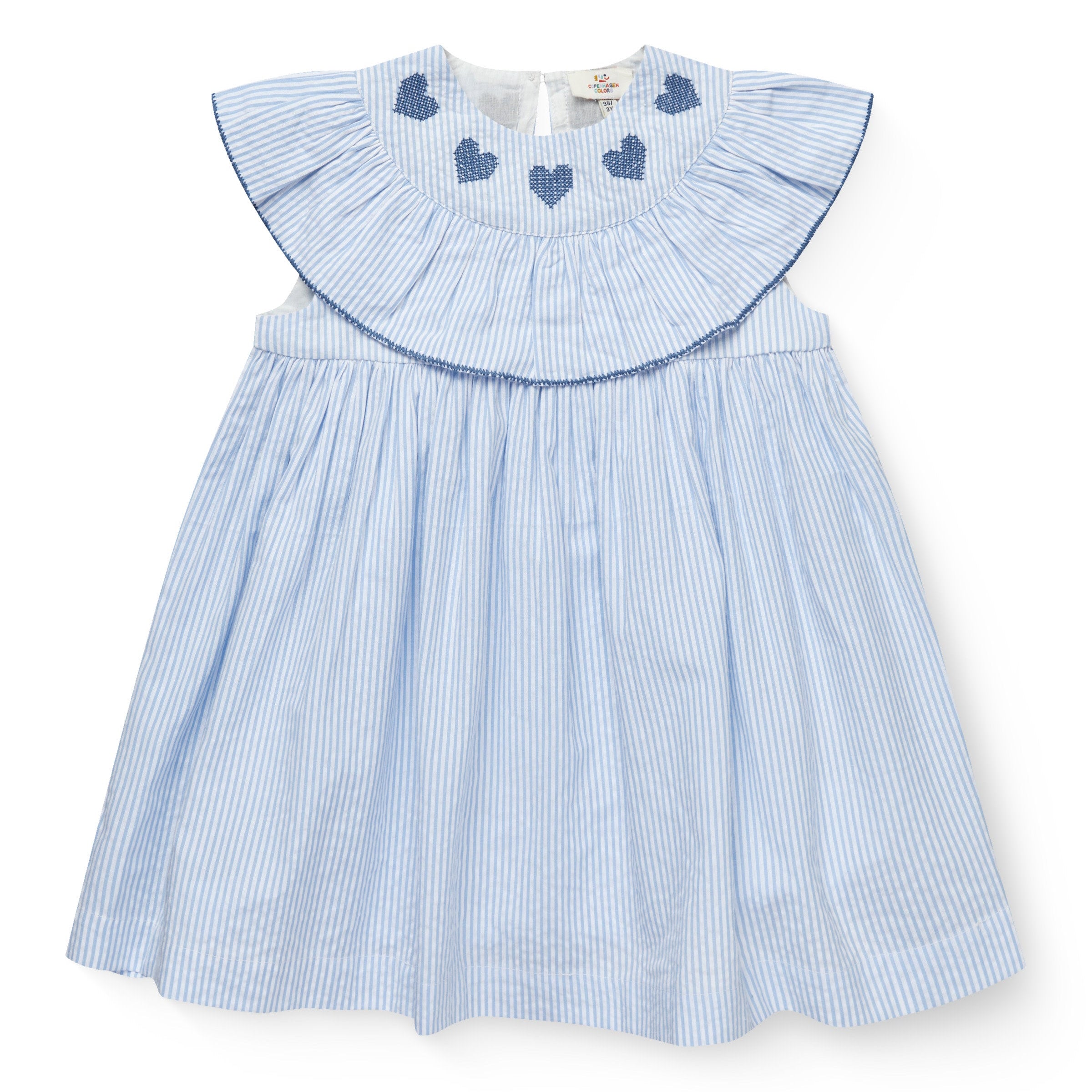 COPENHAGEN COLORS / SEERSUCKER KJOLE MED HJERTER - SKY BLUE W CREAM STRIPE