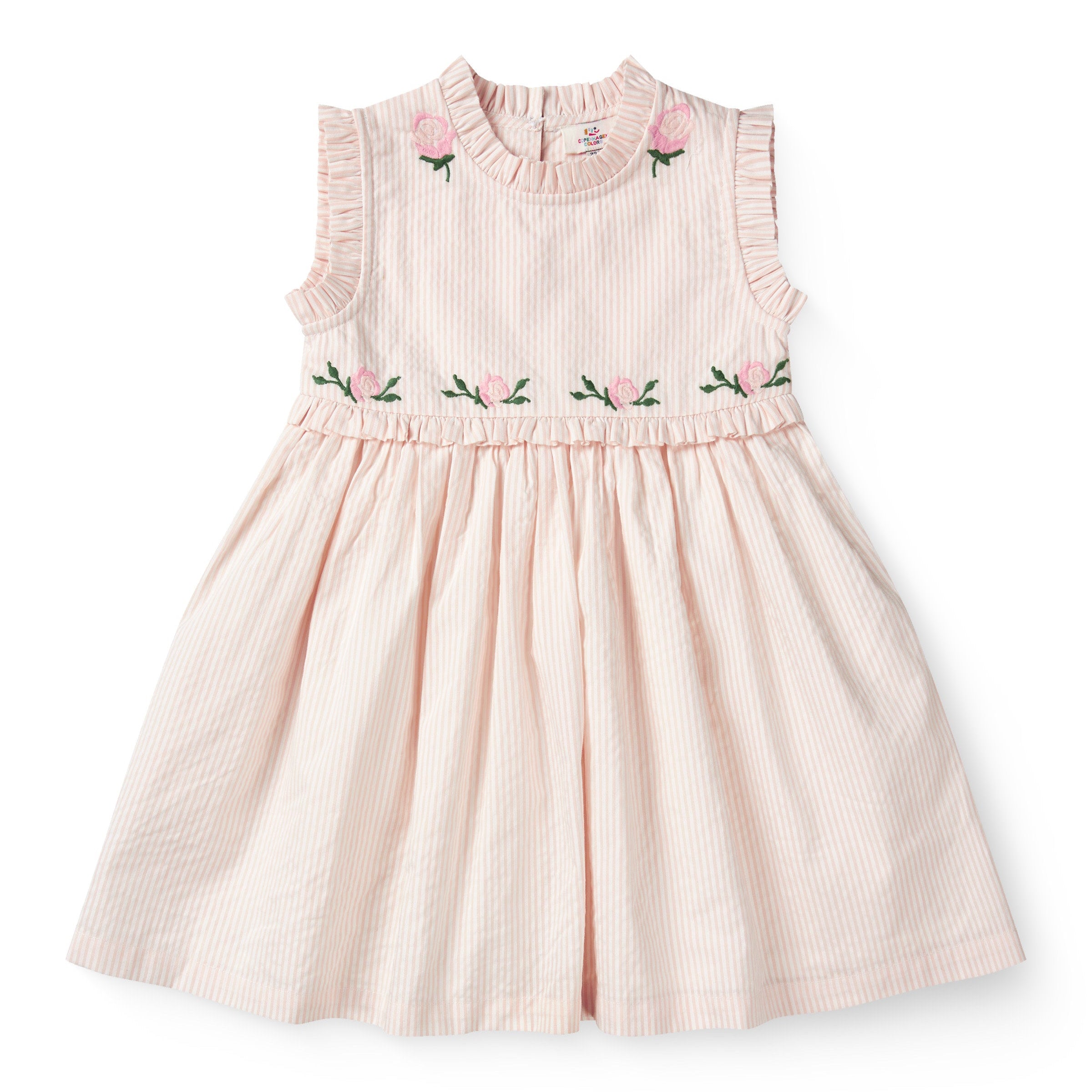 Copenhagen Colors seersucker kjole i økologisk bomuld med striber og broderede roser i Dusty Pink.