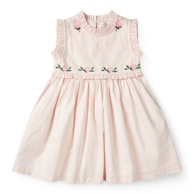 Copenhagen Colors seersucker kjole i økologisk bomuld med striber og broderede roser i Dusty Pink.