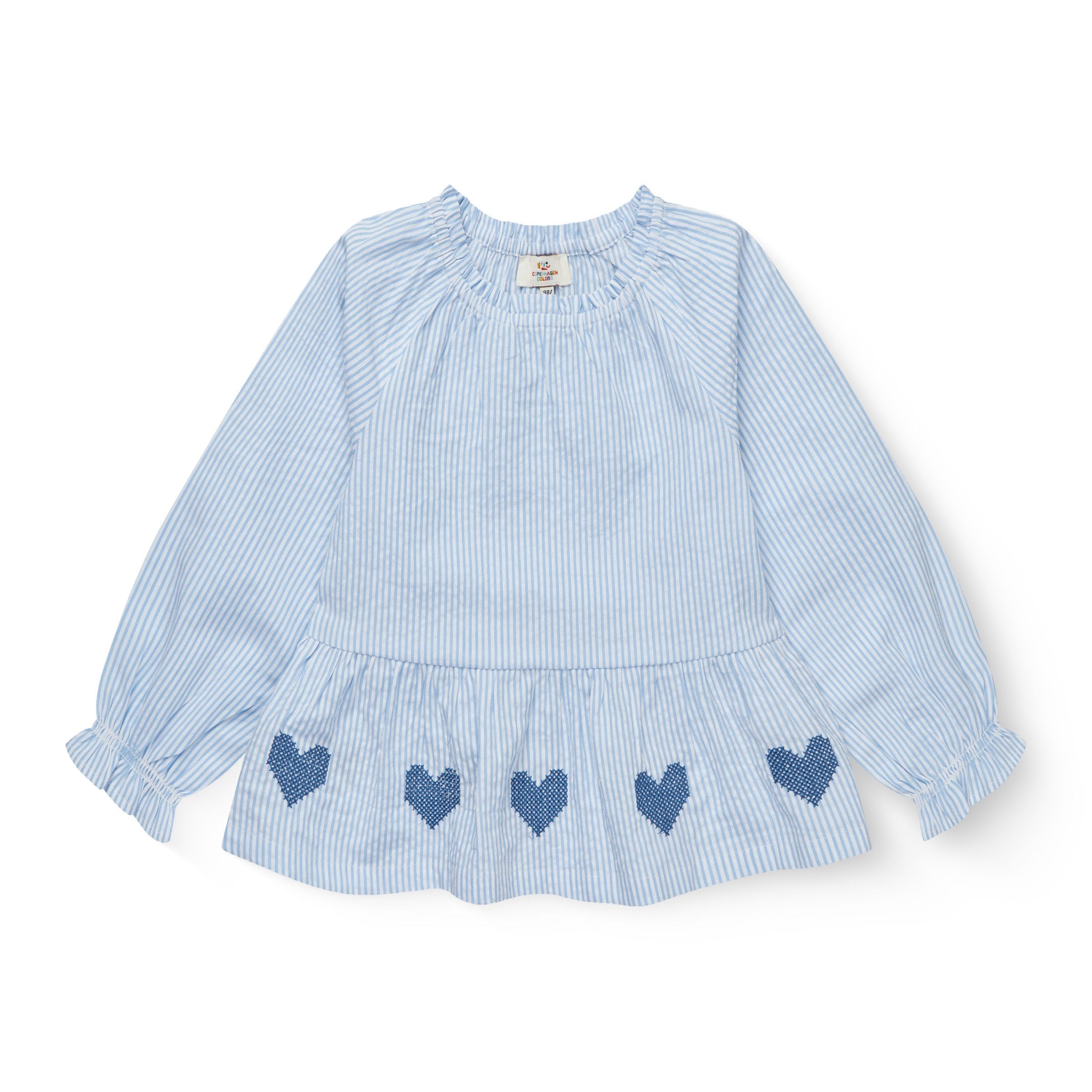 Copenhagen Colors bluse i økologisk bomuld med pinstriber og små broderede hjerter til børn.