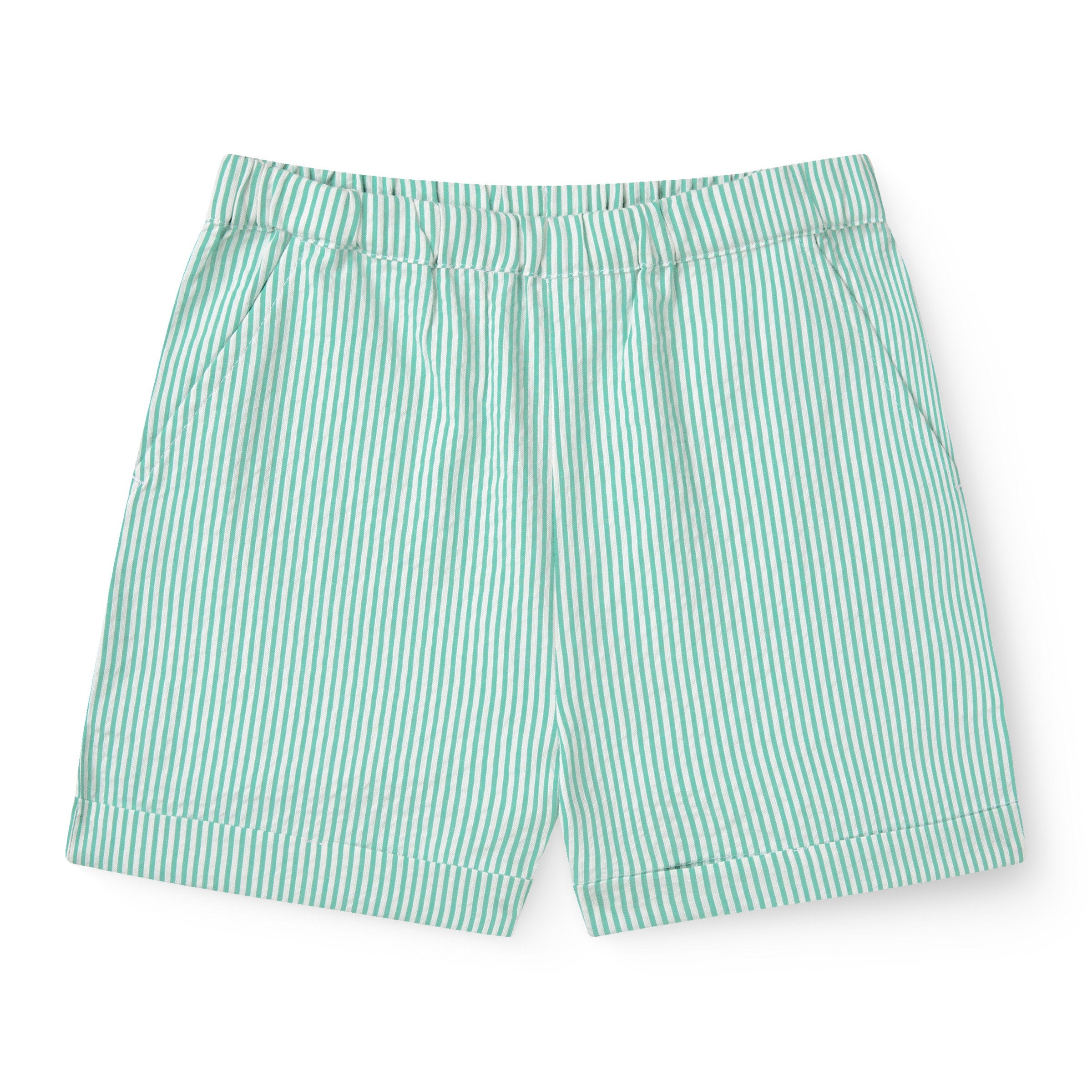 Copenhagen Colors seersucker shorts i økologisk bomuld med klassiske striber og justerbar talje til børn.