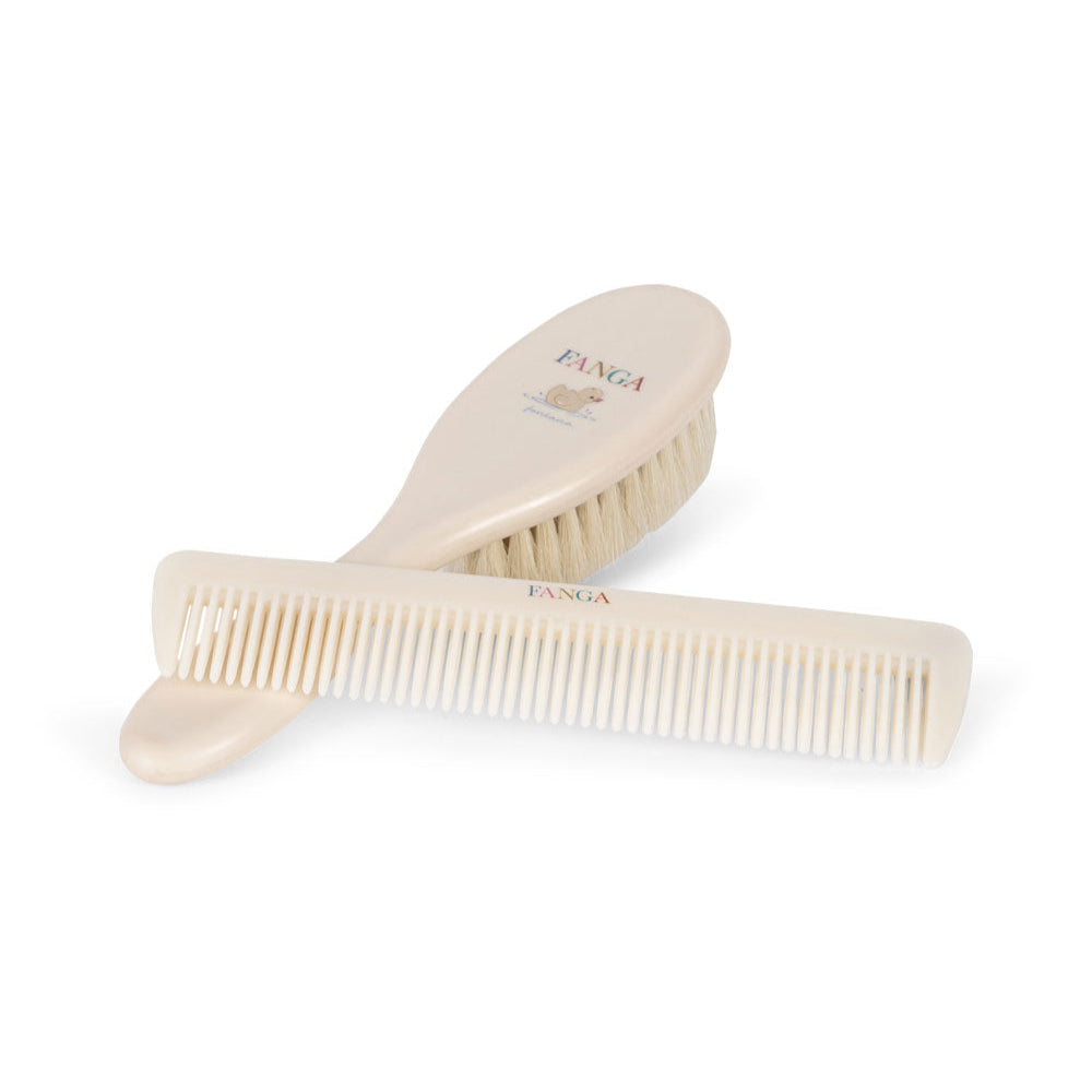 Baby børstesæt med kam og blød børste i uld, skånsom mod babys hovedbund, CE-mærket og perfekt til daglig pleje.