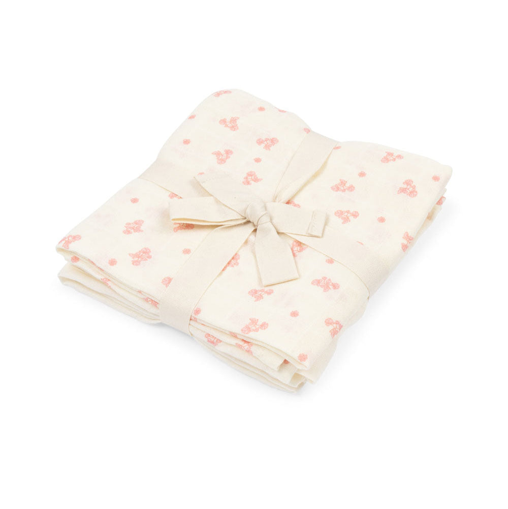 Bellini 3-pak stofbleer – økologiske stofbleer med søde blomster i blød GOTS-certificeret bomuld, perfekte til bleskift, amning og hverdagsbrug.