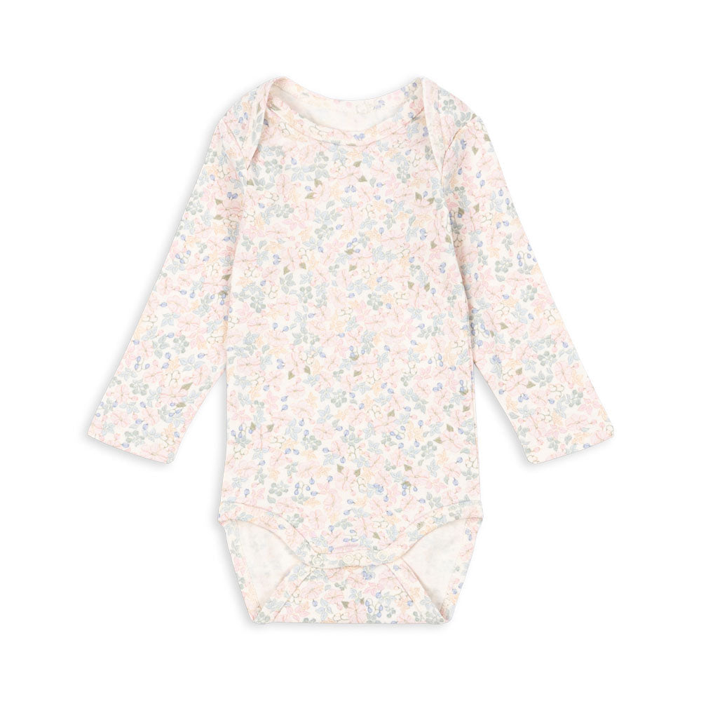 FIO LS Bodystocking – blød, økologisk langærmet babybody med blomster i fleksibelt ribstof med kuverthals og trykknapper.