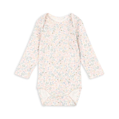 FIO LS Bodystocking – blød, økologisk langærmet babybody med blomster i fleksibelt ribstof med kuverthals og trykknapper.