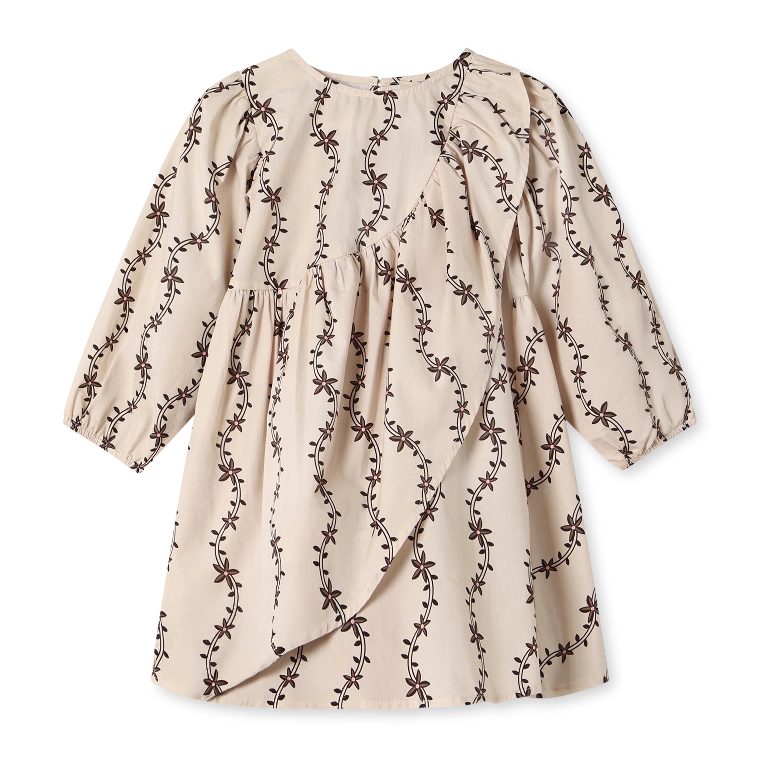 Fliink Doldy LS kjole i farven Sandshell AOP – forsidebillede af blød bomulds kjole med mønster