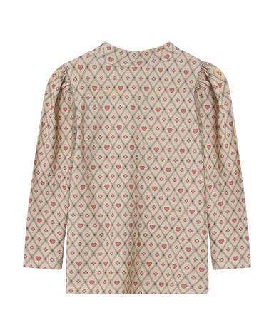 Fliink Kelly Heart LS Puff Blouse i farven Sandshell Heart AOP – bagsidebillede af let og komfortabel bluse til børn