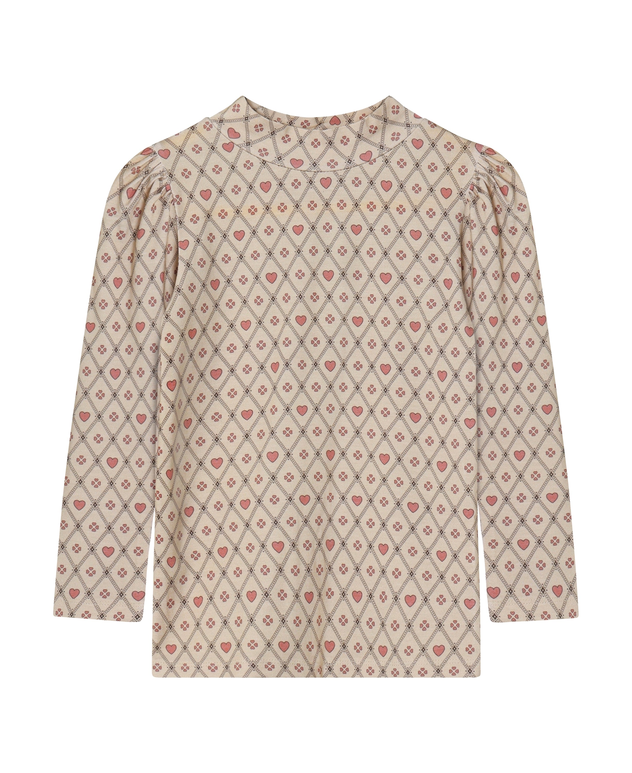 Fliink Kelly Heart LS Puff Blouse i farven Sandshell Heart AOP – forsidebillede af blød bluse med puffærmer og hjerteprint