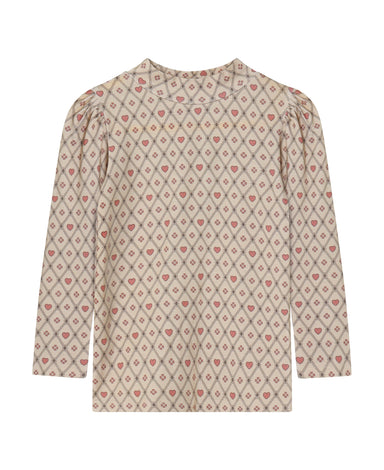 Fliink Kelly Heart LS Puff Blouse i farven Sandshell Heart AOP – forsidebillede af blød bluse med puffærmer og hjerteprint