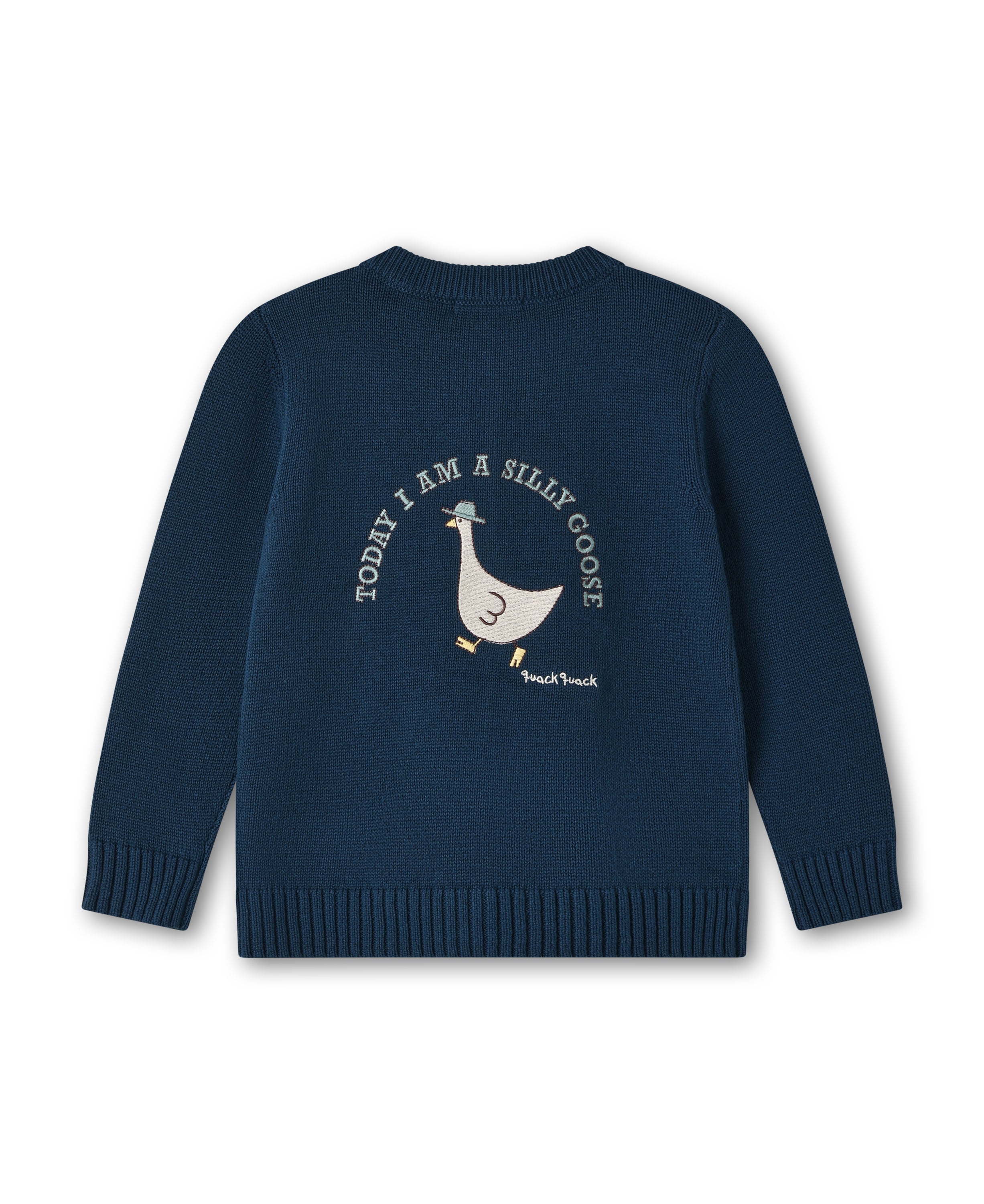 Fliink Mahdi strik cardigan i farven Insignia Blue – bagsidebillede med stort broderi af gås og teksten “today I am a silly goose”