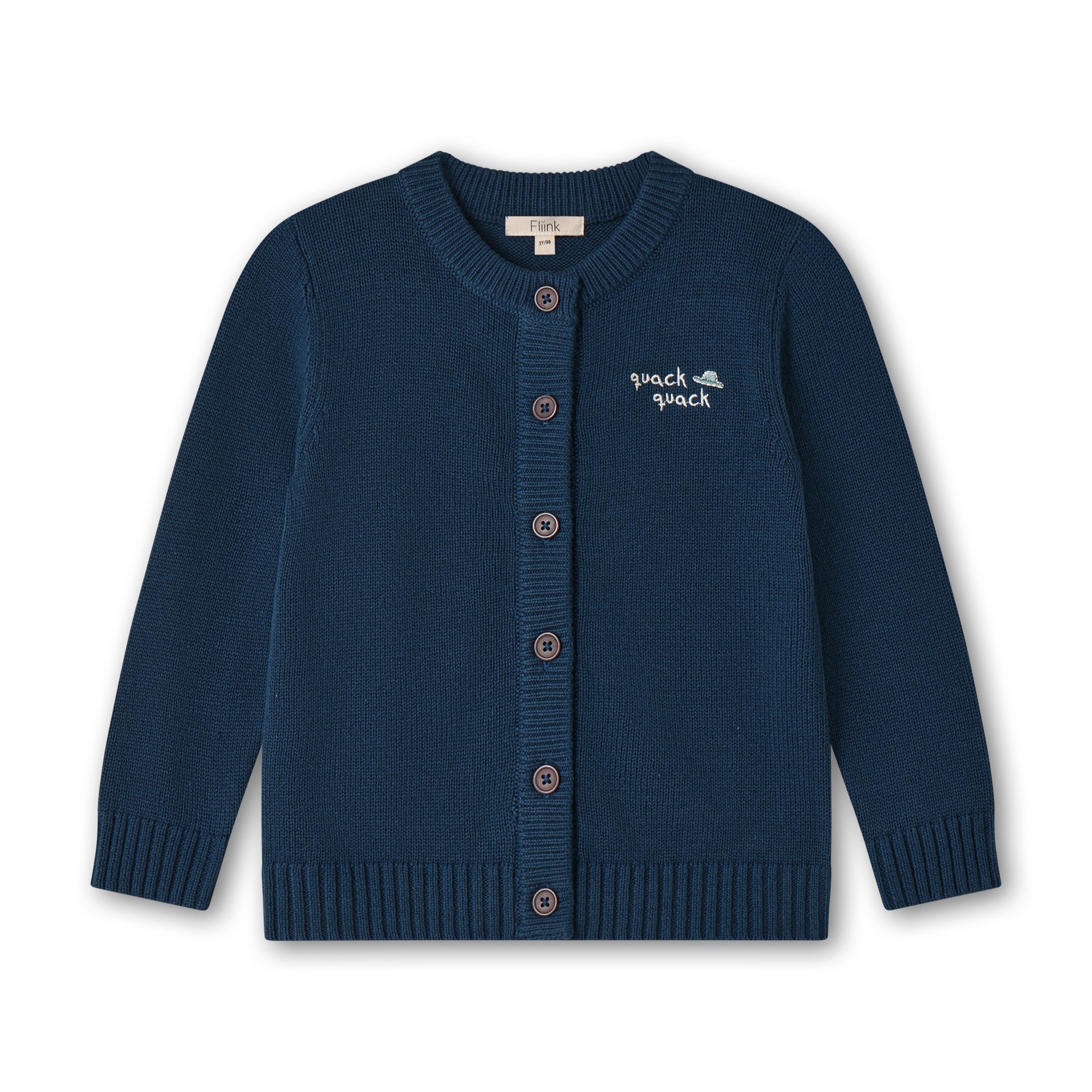 Fliink Mahdi strik cardigan i farven Insignia Blue – forsidebillede med broderi “quack quack” ved brystet