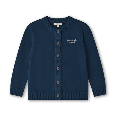 Fliink Mahdi strik cardigan i farven Insignia Blue – forsidebillede med broderi “quack quack” ved brystet