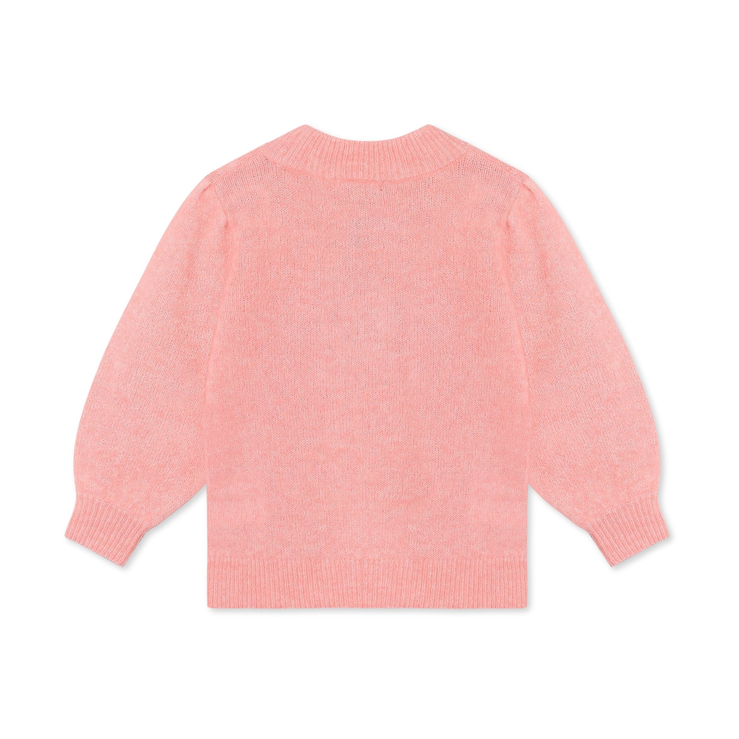Fliink Star Puff Bluse i farven Candy Pink – bagsidebillede af strikket bluse til børn med fine detaljer