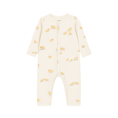 Fanga økologisk baby-onesie i neutral farve med trykknapper langs kroppen og benene